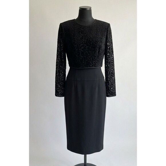 Kay Unger Dresses & Skirts - Kay Unger Black Velvet Devore Floral Mock Dress Size 10 Long Sleeve Formal Midi
